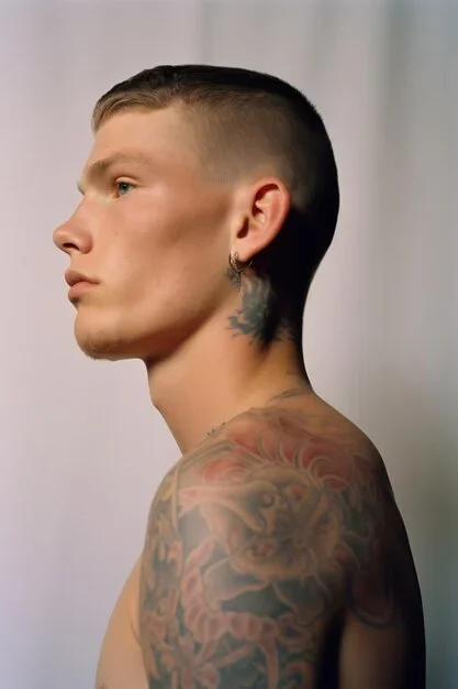 Tatouage avec plusieurs cases derrière l'oreille visible avec des cheveux mi-longs ou relevés