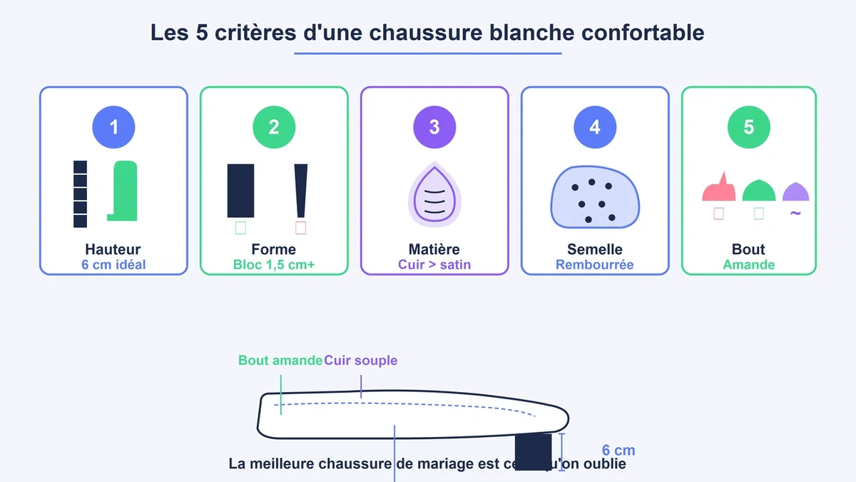 Schéma des cinq critères de confort d'une chaussure de mariage avec icônes et annotations
