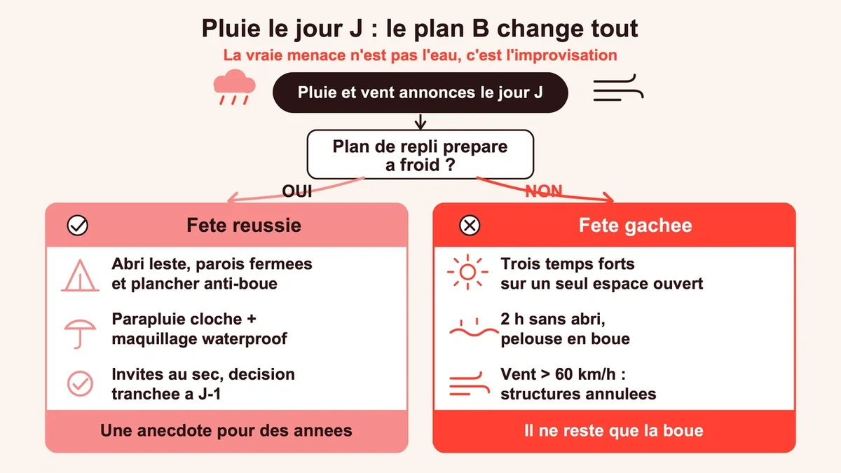 Schéma illustrant l'importance d'un plan de repli pour un mariage en extérieur avec divers symboles météo