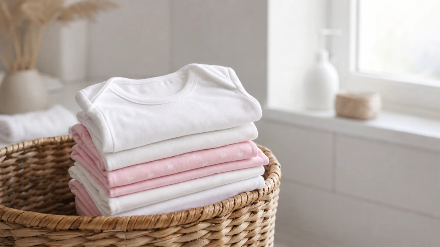 Vêtements de bébé en coton fraîchement lavés et pliés sur un panier en osier