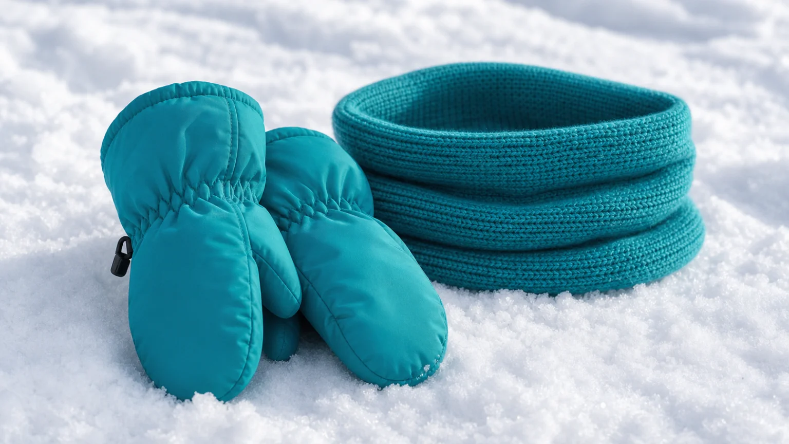 Moufles de ski et tour de cou pour enfant posés sur la neige