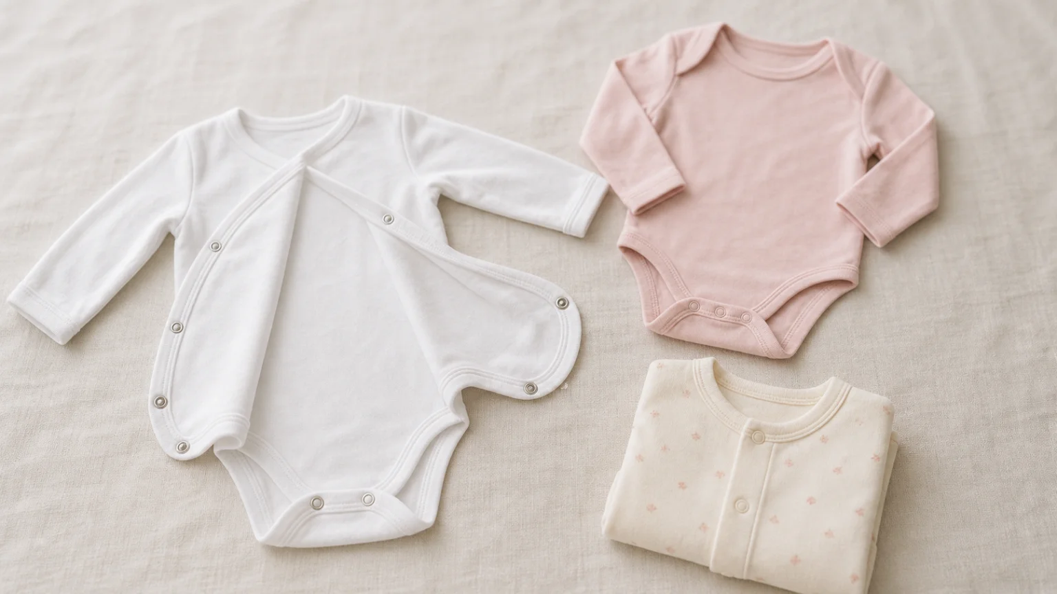 Body croisé, body à manches longues et pyjama de bébé fille posés à plat